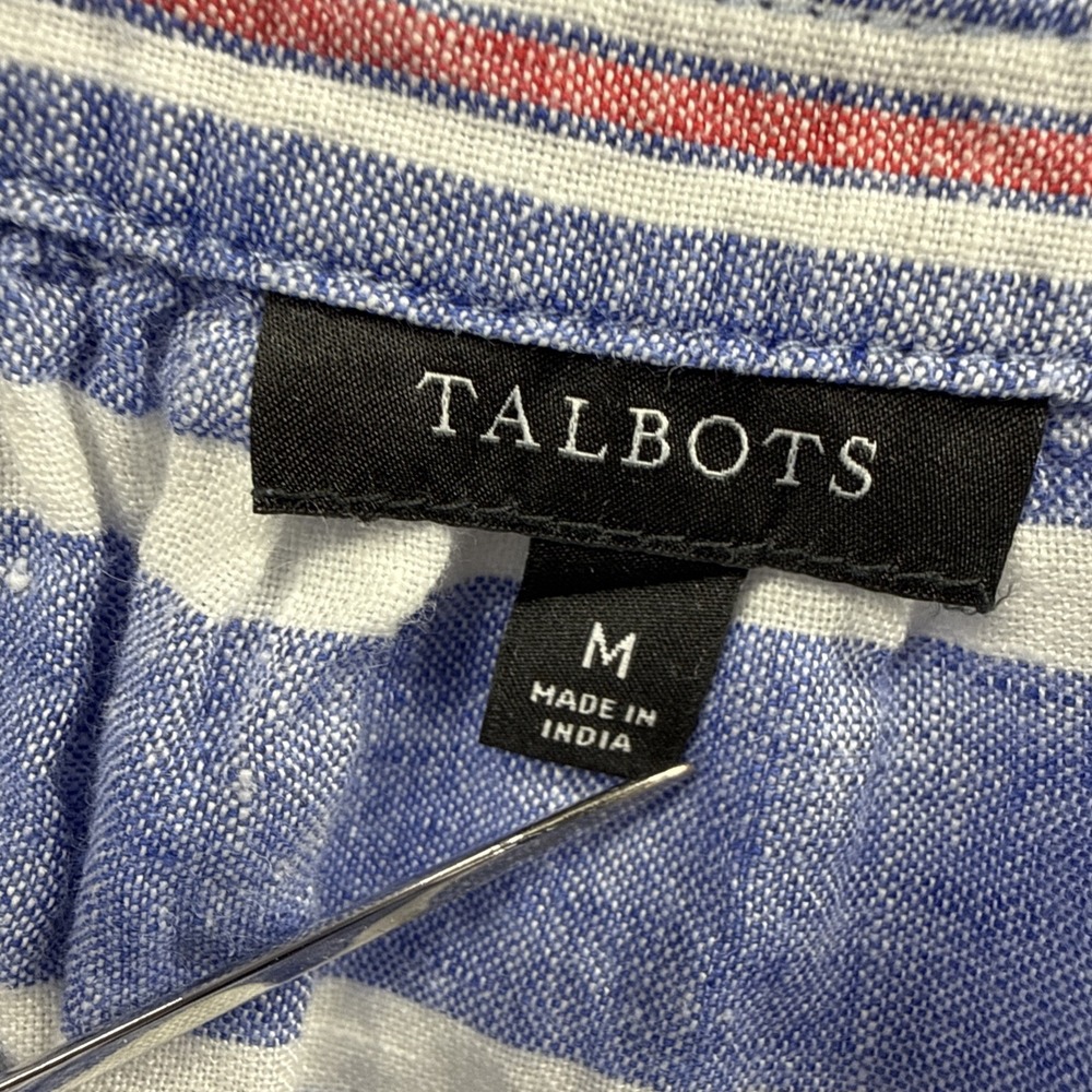 Talbots Womens Linen Top Sz M Blue White Stripe Cap Sleeve Pullover V Neck Beach - Picture 2 of 7